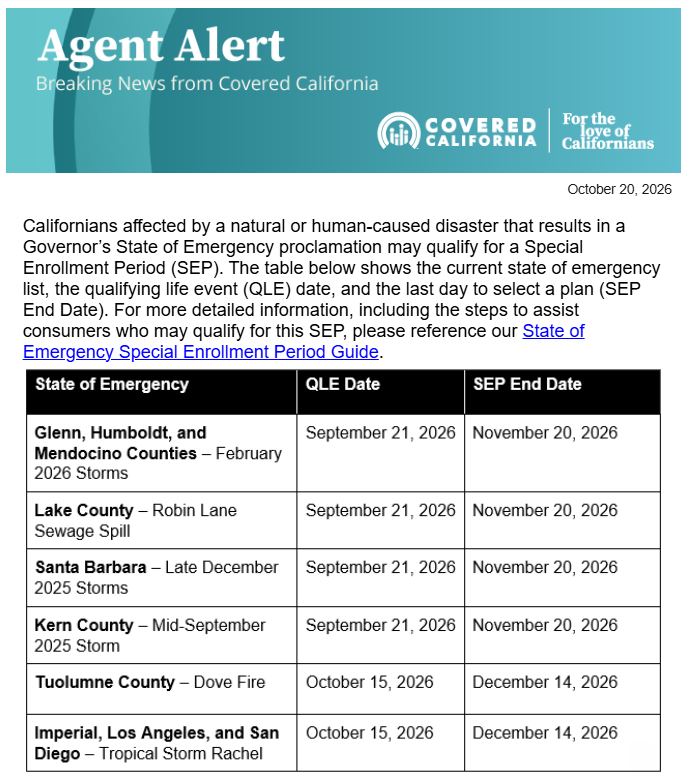 California state of emergency special enrollment information