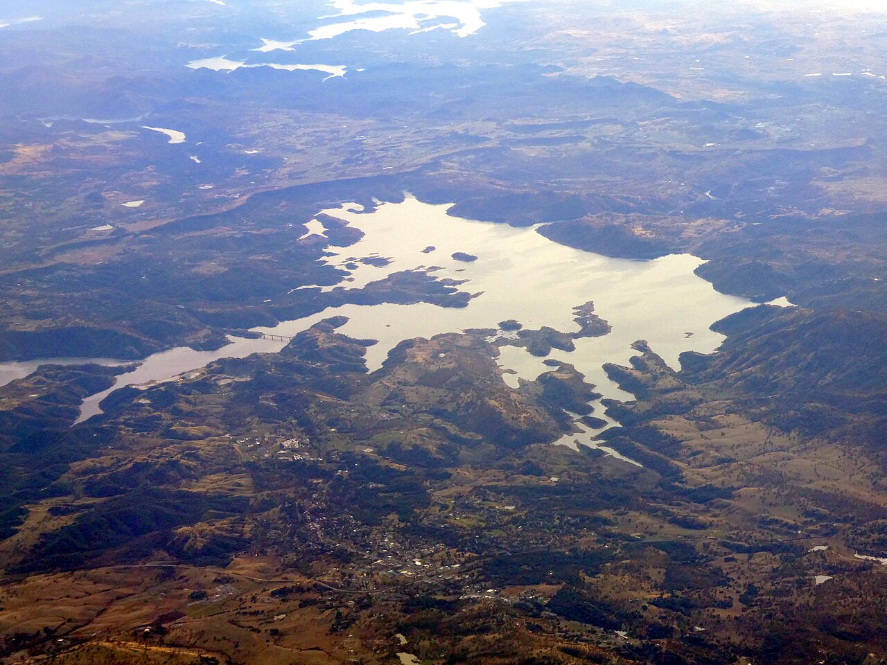 Aerial view of New Melones Lake and the Angels Camp area in Calaveras County, California