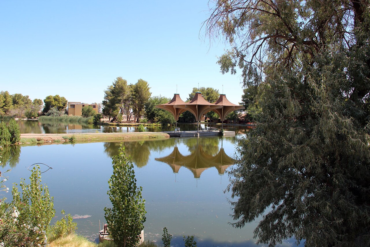 Lake and pavilion in Central Park, California City, California