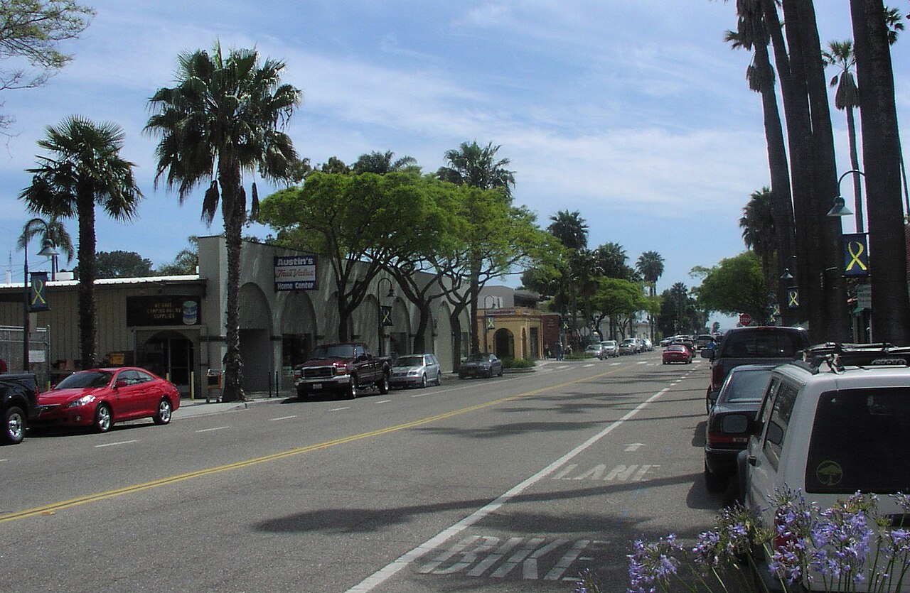 Palm-lined downtown street in Carpinteria, California