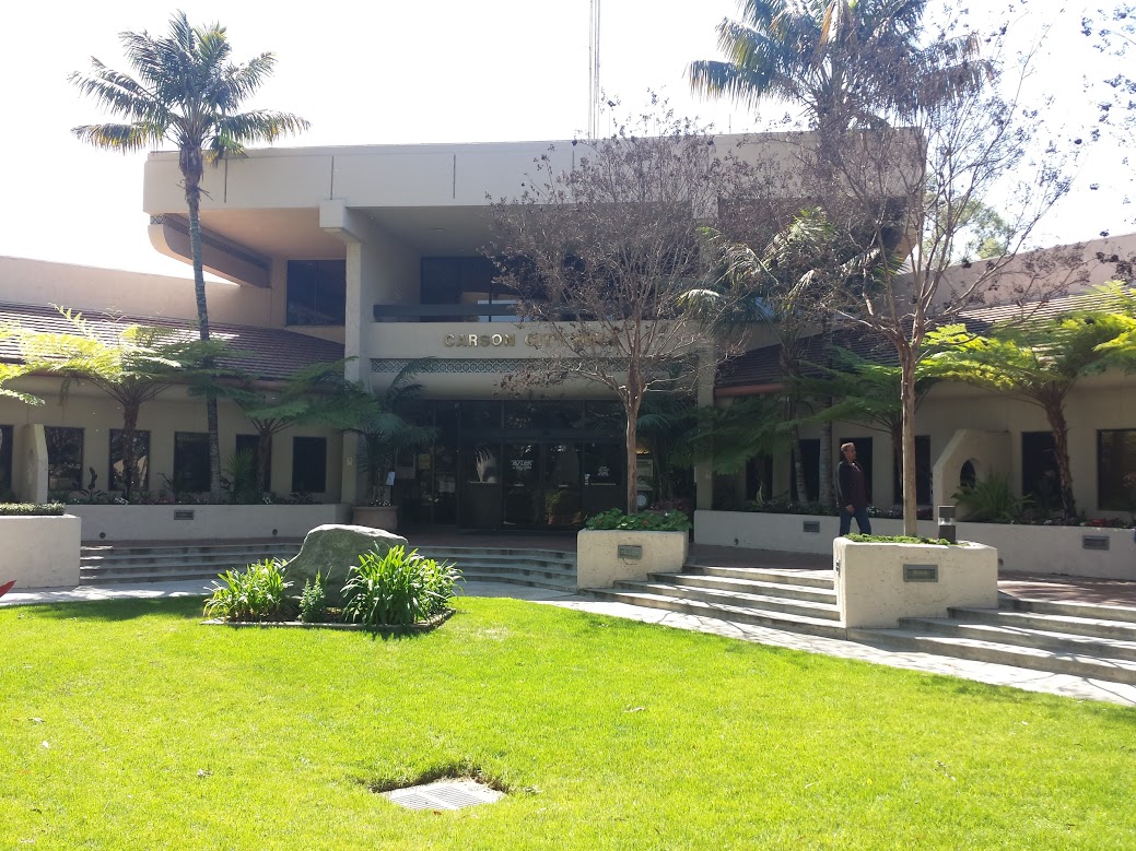 Carson City Hall and its front lawn in Carson, California