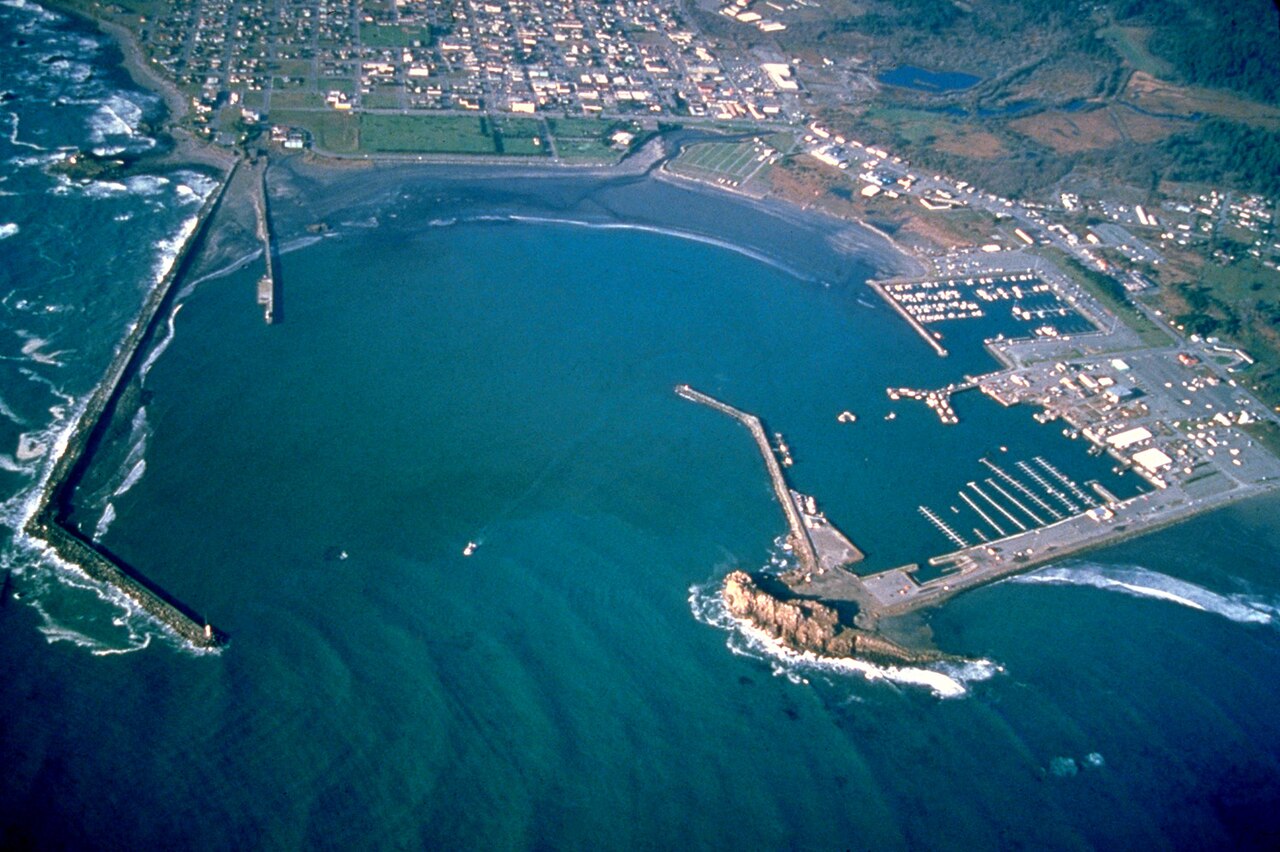 Aerial view of Crescent City and its harbor, Del Norte County, California