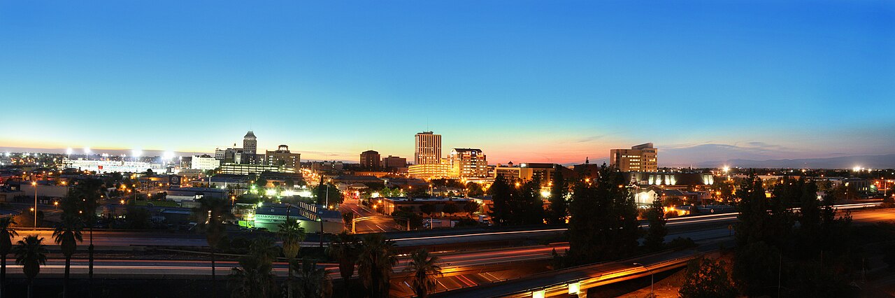 Downtown Fresno skyline at dusk, Fresno County, California