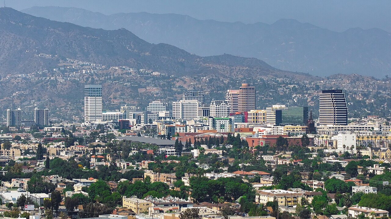 Downtown Glendale skyline with mountains behind it, California