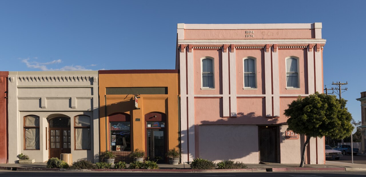 Historic storefronts along the main street in downtown Guadalupe, California