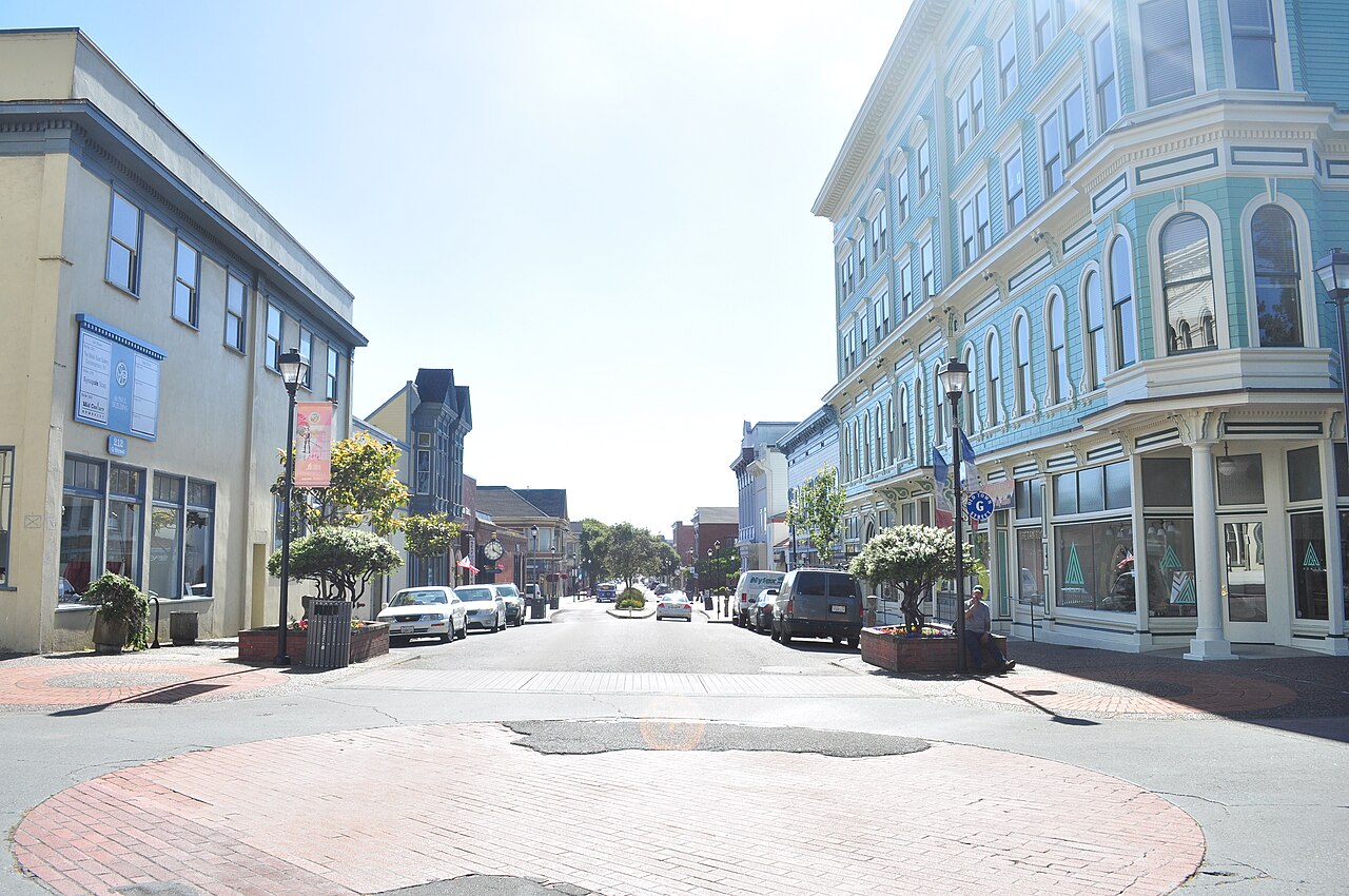 Victorian buildings along 2nd Street in Old Town Eureka, Humboldt County, California