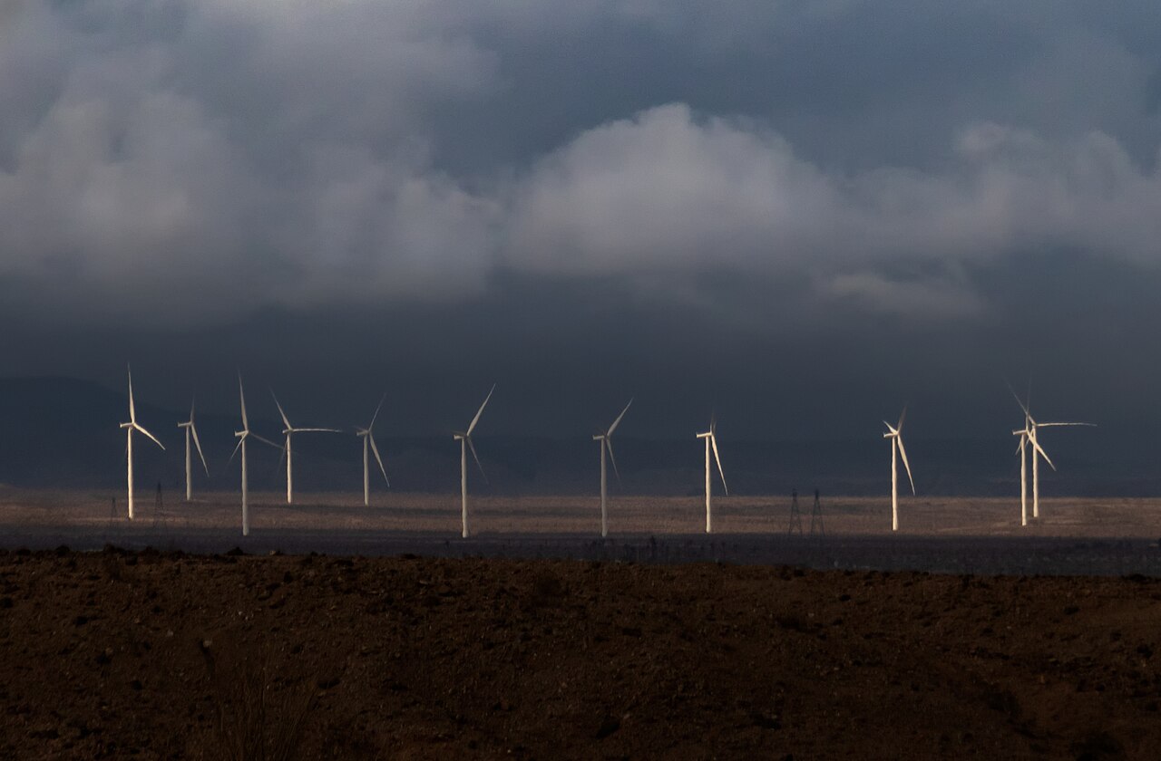 Wind turbines on the desert horizon in the Imperial Valley, California