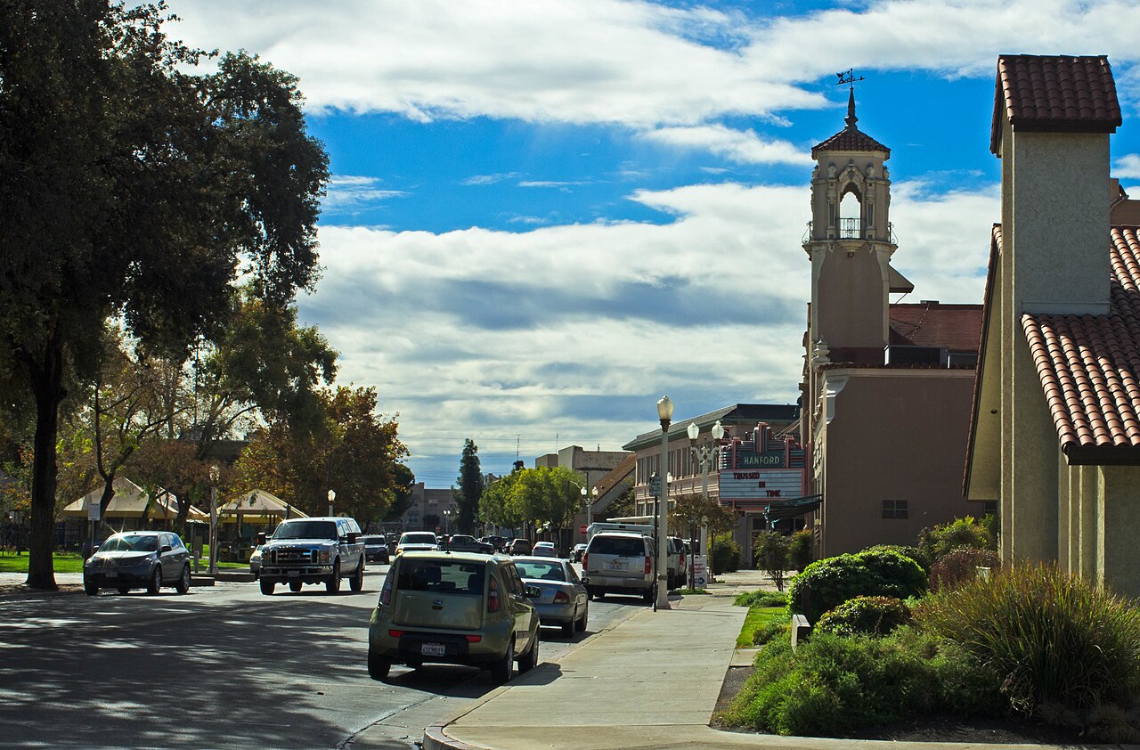 A sunny morning on a downtown street in Hanford, Kings County, California