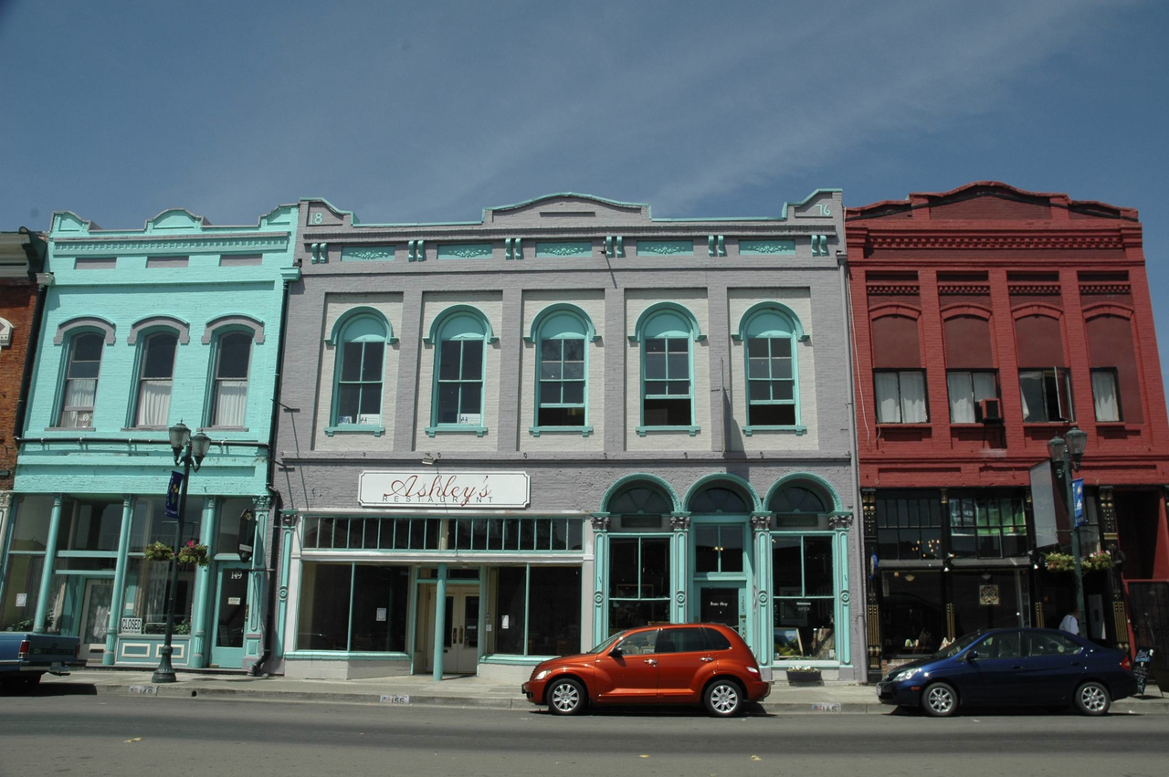 Colorful historic storefronts along Main Street in Lakeport, Lake County, California