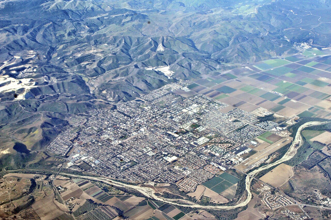 Aerial view of Lompoc, California, with the Santa Ynez River and farm fields around the city