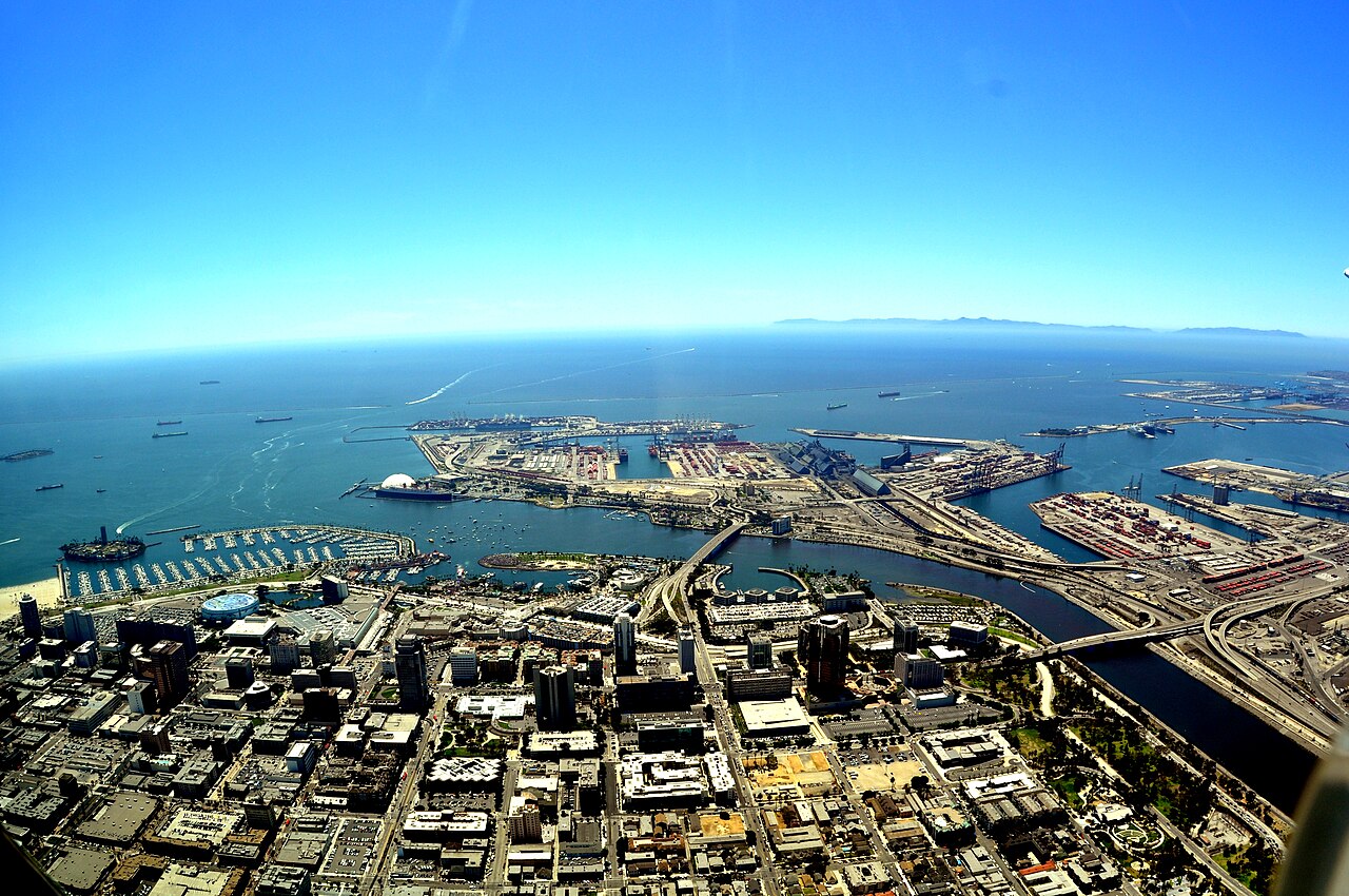 Aerial view of downtown Long Beach and the harbor, California