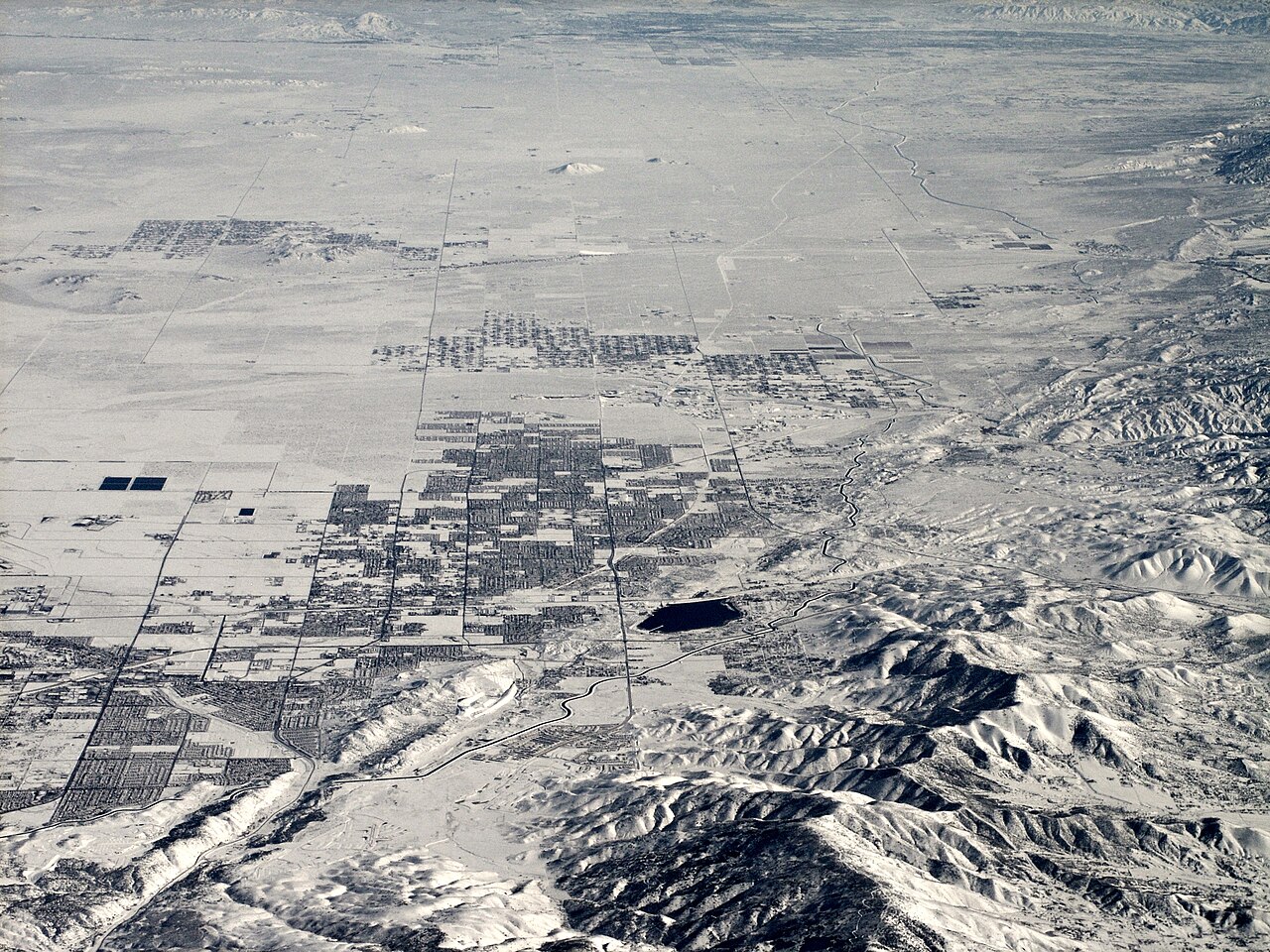 Aerial view of Palmdale and the snowy Antelope Valley, California