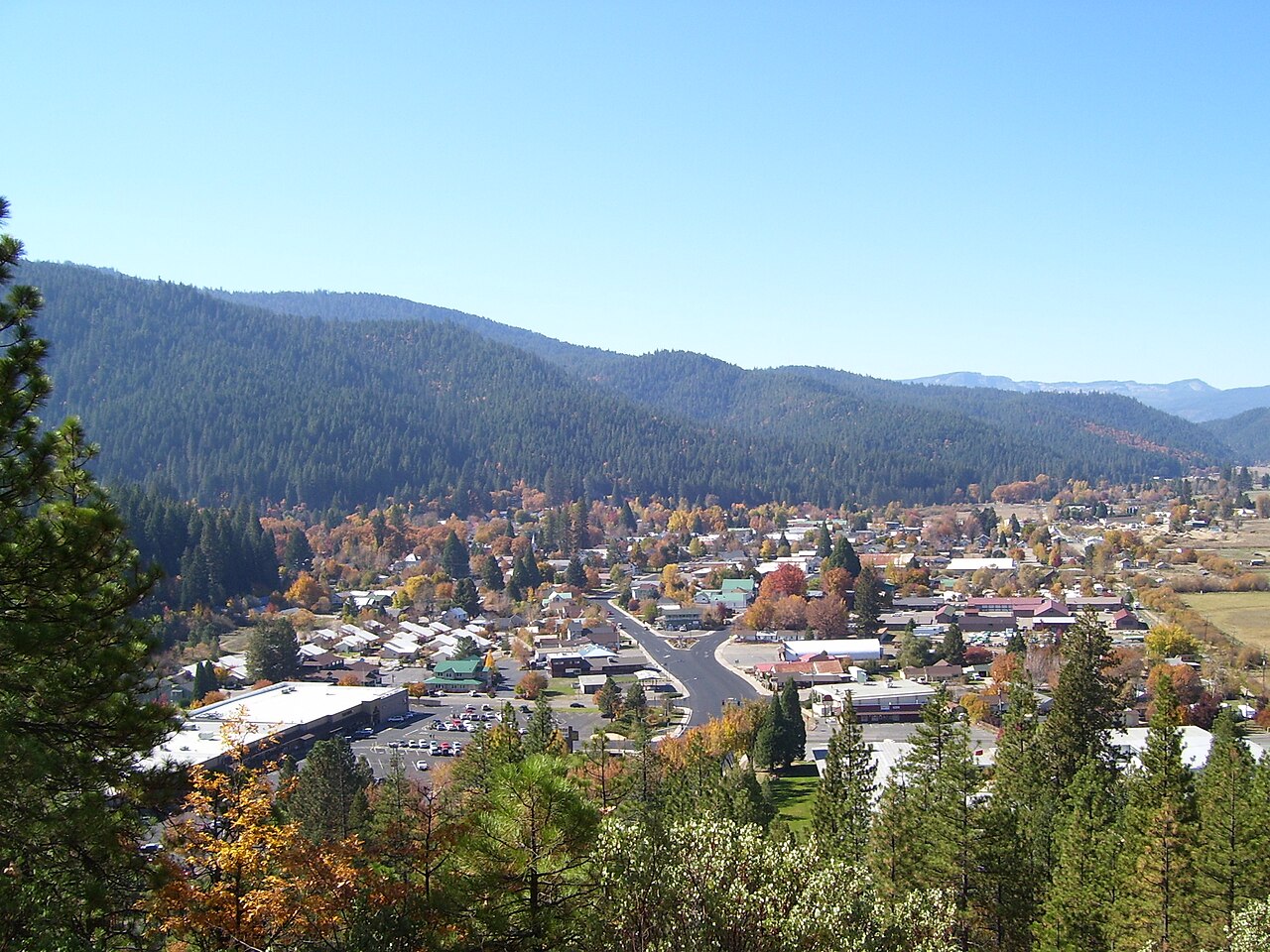 View of Quincy, California in the valley below forested mountains
