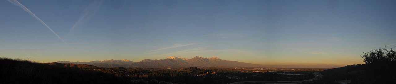 Panorama of the Pomona Valley at dusk with the San Gabriel Mountains in the distance, Pomona, California