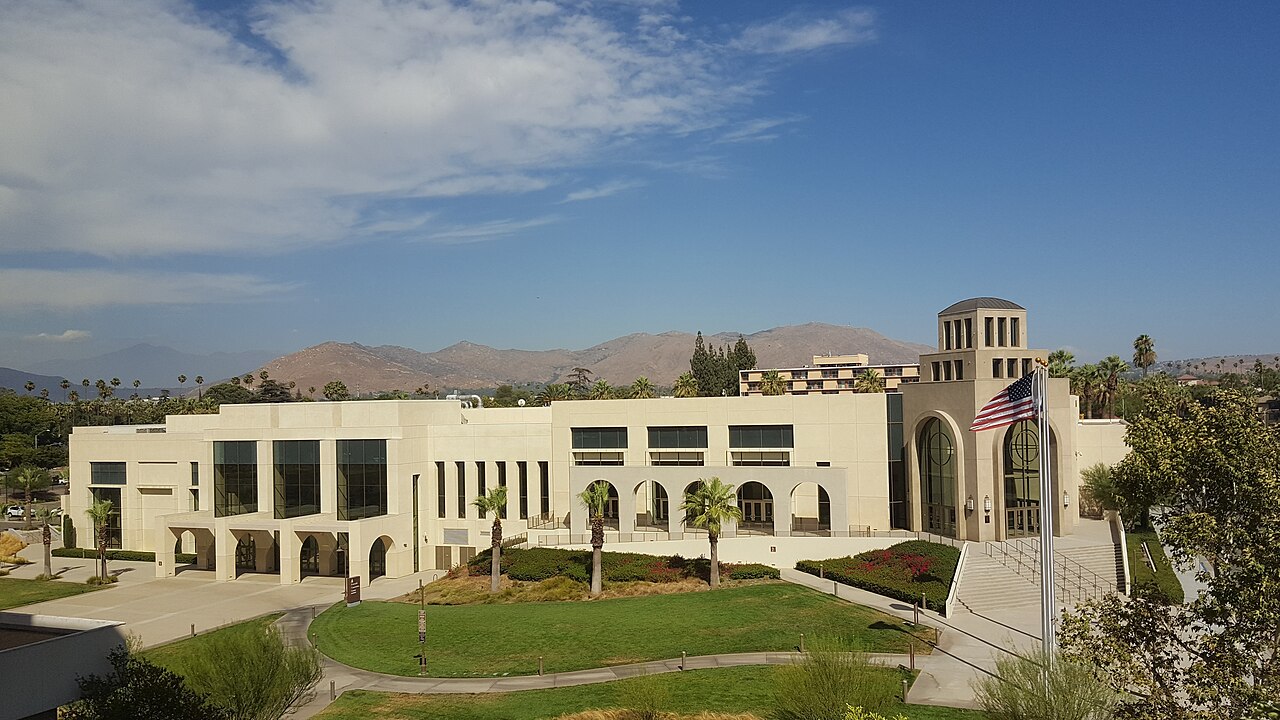 Riverside Convention Center in downtown Riverside, California with mountains behind