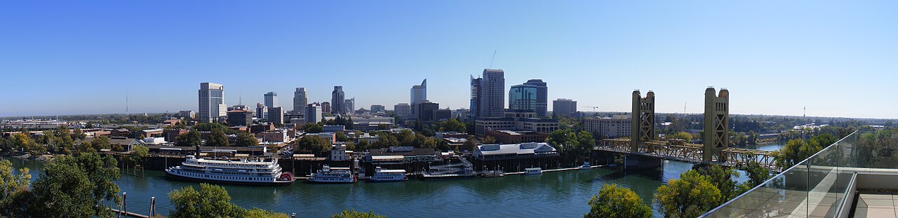 Sacramento skyline and the Tower Bridge on the Sacramento River, Sacramento County, California