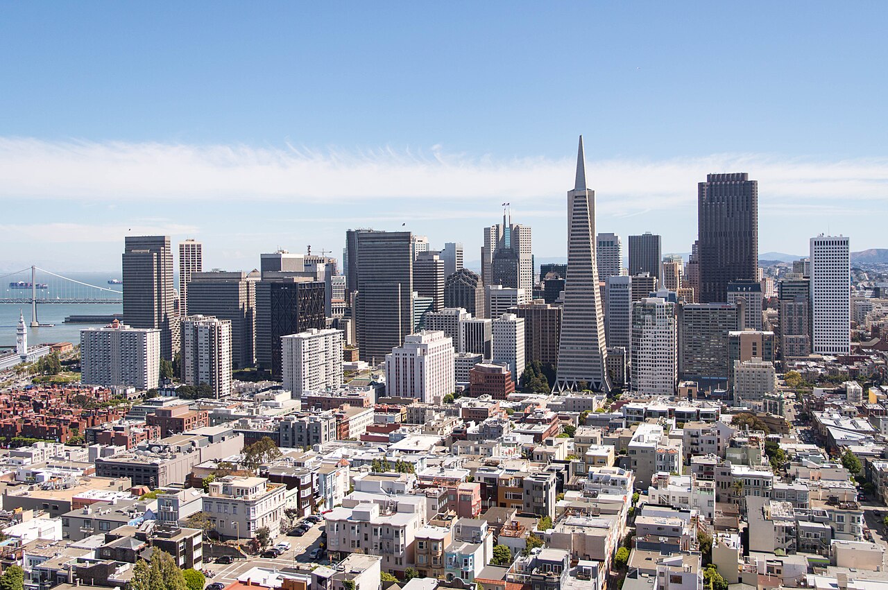 San Francisco downtown skyline and bay seen from Coit Tower