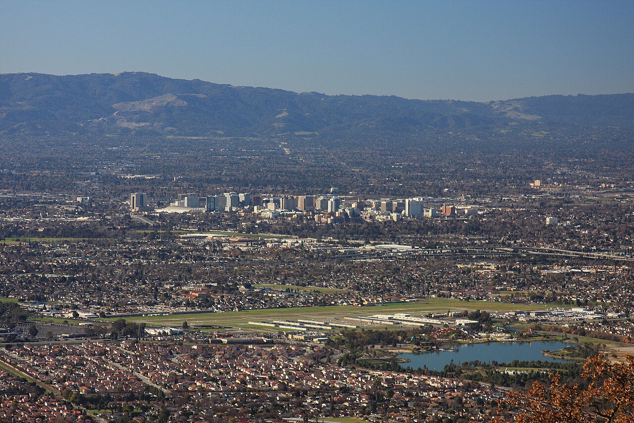 Downtown San Jose, California with the Santa Cruz Mountains behind
