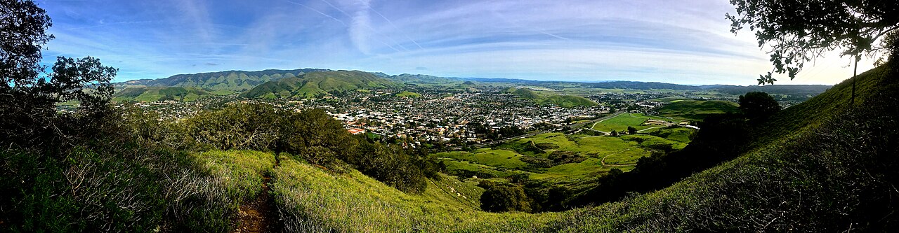 Panoramic view of the city of San Luis Obispo and green hills from Cerro San Luis