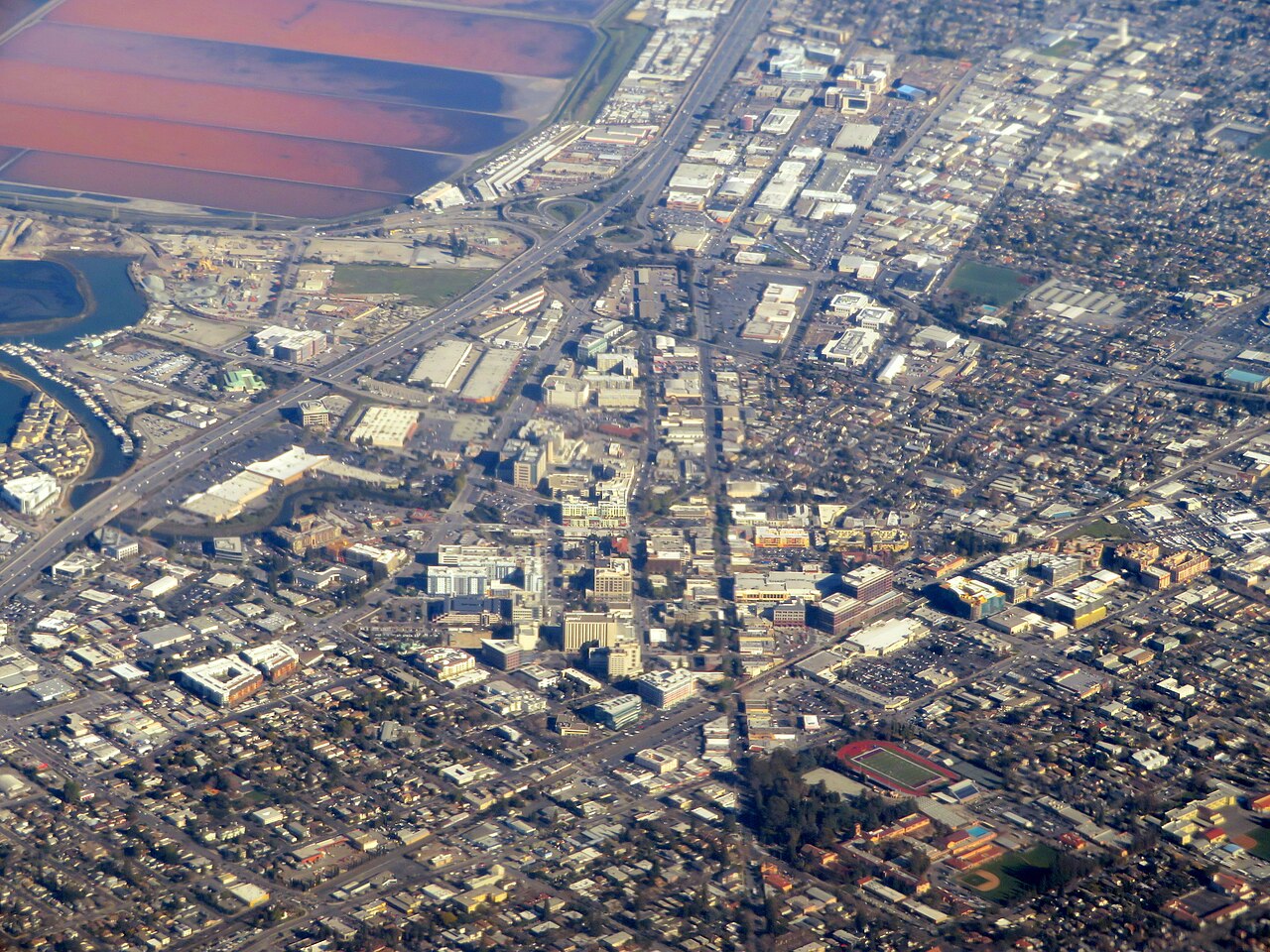 Aerial view of downtown Redwood City, the San Mateo County seat, California