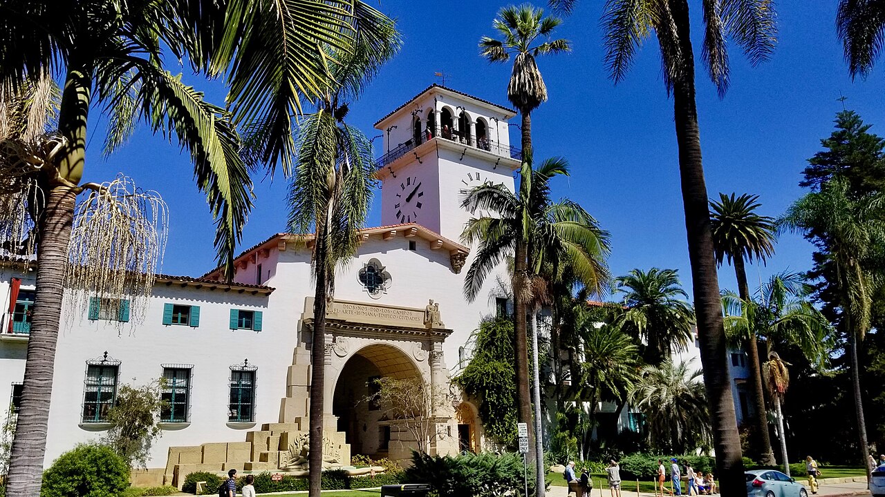 Santa Barbara County Courthouse with its clock tower and palm trees in Santa Barbara, California