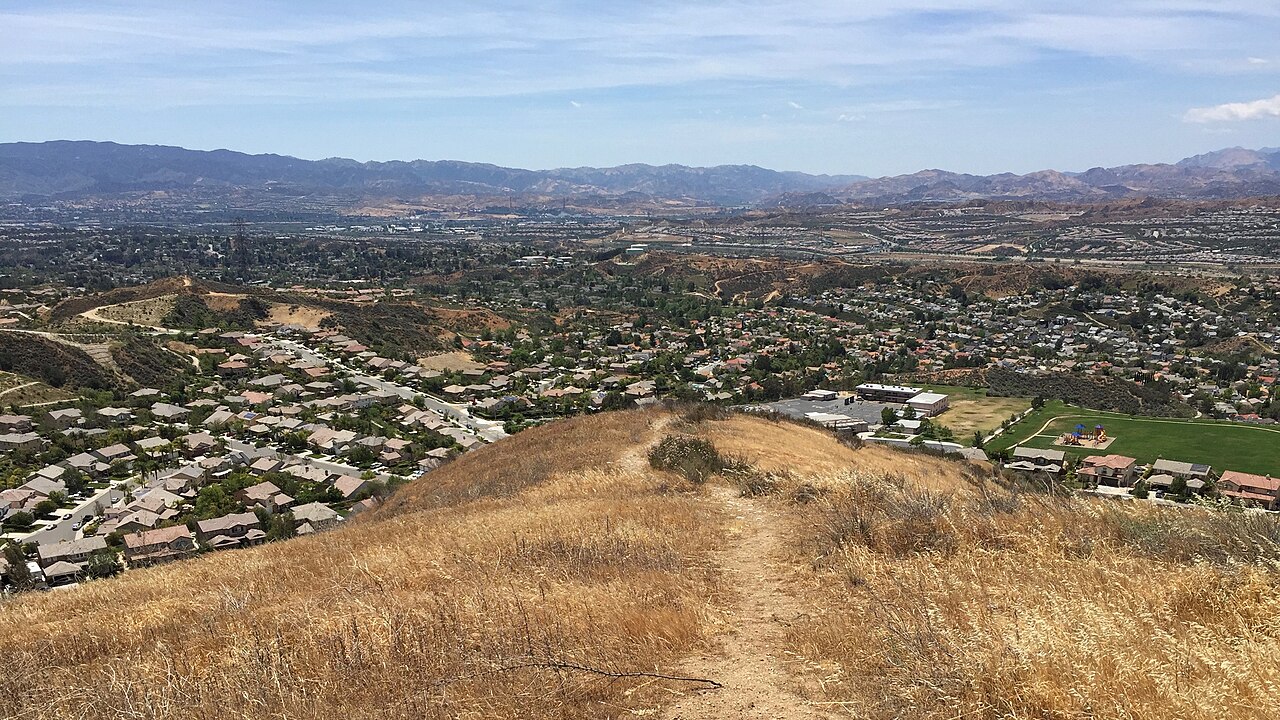 View over homes and hills across the Santa Clarita Valley, California