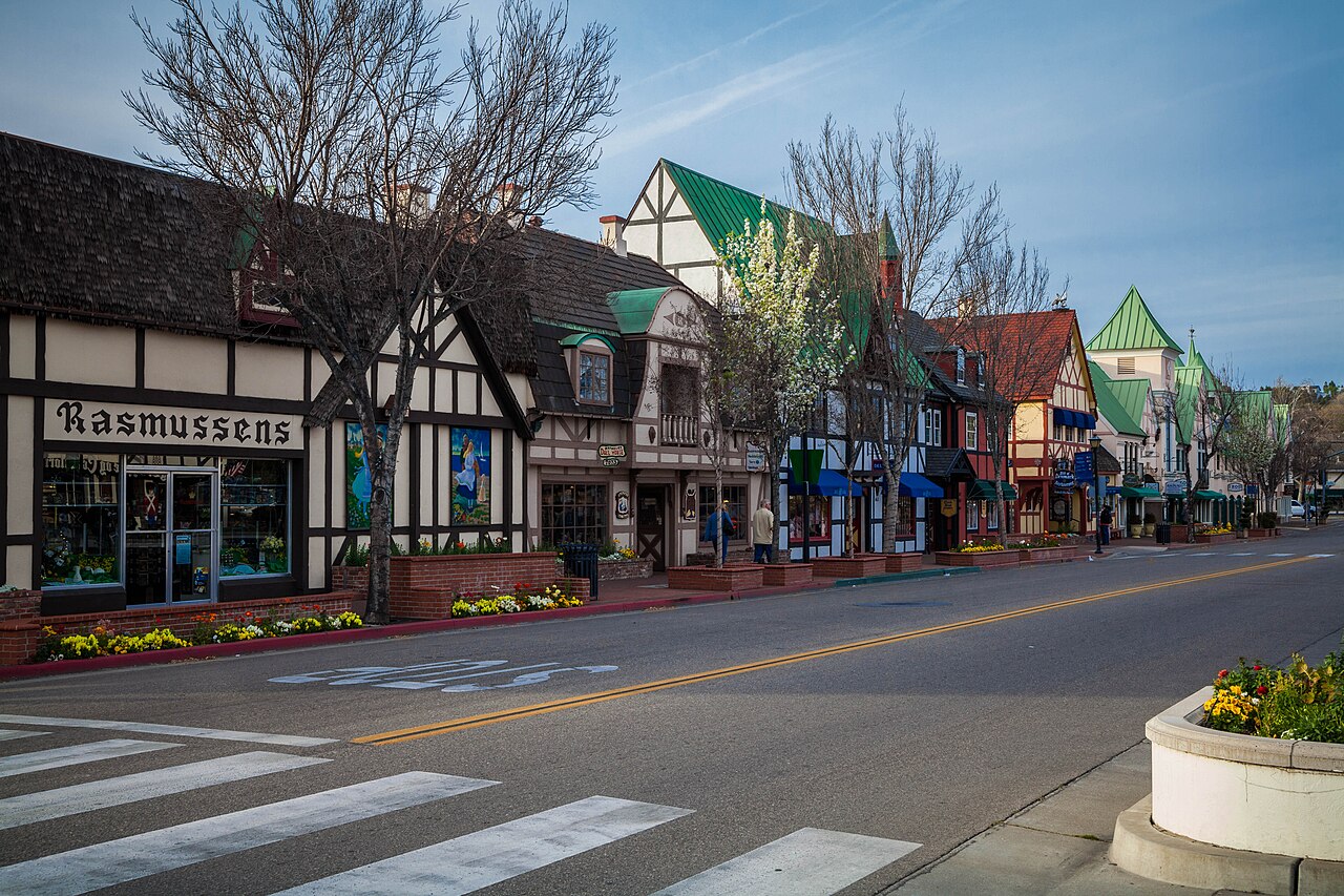 Danish-style half-timbered shops along the main street in Solvang, California