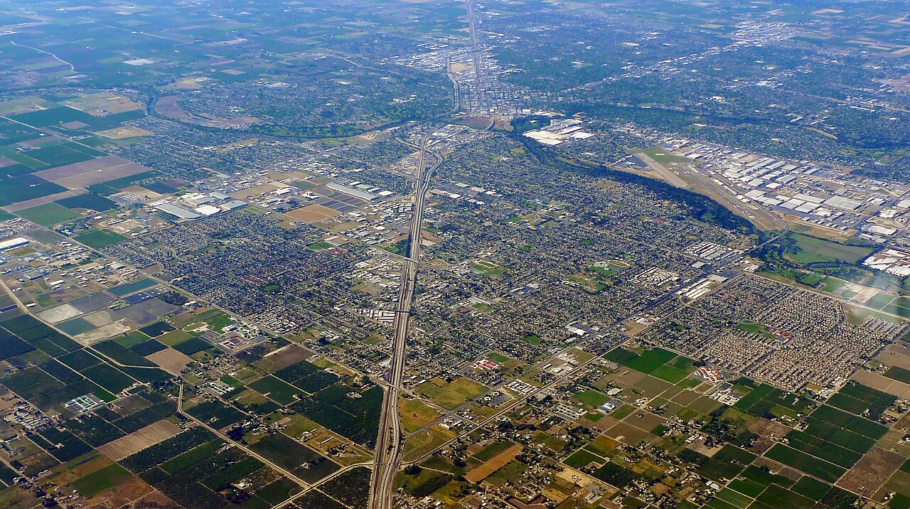 Aerial view of Modesto and surrounding farmland, Stanislaus County, California